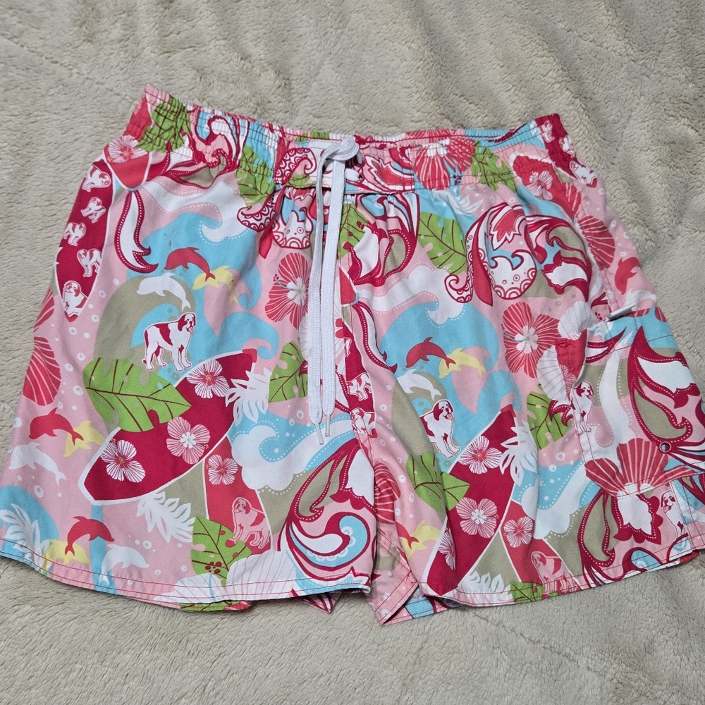 Big Dogs Hawaiian Floral Beach Vacation Swim Shorts Surf Swim Trunks, S